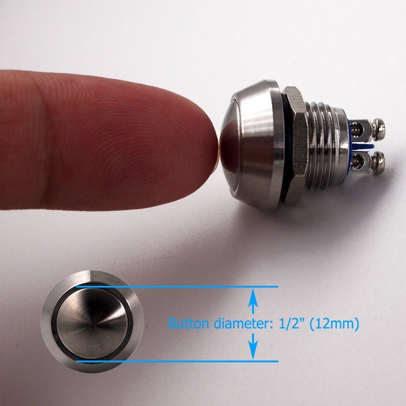 Jufay Momentary Push Button Switch, URTONE UR123, 1NO SPST DC/AC 36V 2A Stainless Steel Metal Shell Suitable for 12mm 1/2" Mounting Hole - Silver - Image 3